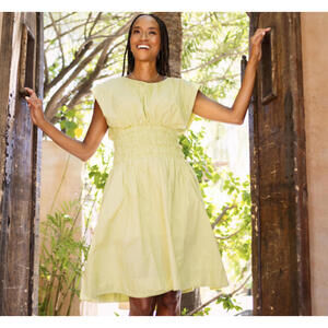 EUDON CHOI yellow green shirred blouson dress sz M